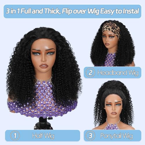 Glueless Half Wigs Human Hair Kinky-Curly Headband Wig Upgrade 3 In 1 Half Wig with Drawstring Seamless Clip Ins Flip Over 200 Density Curly Human Hair Wig For Black Women 22 Inch