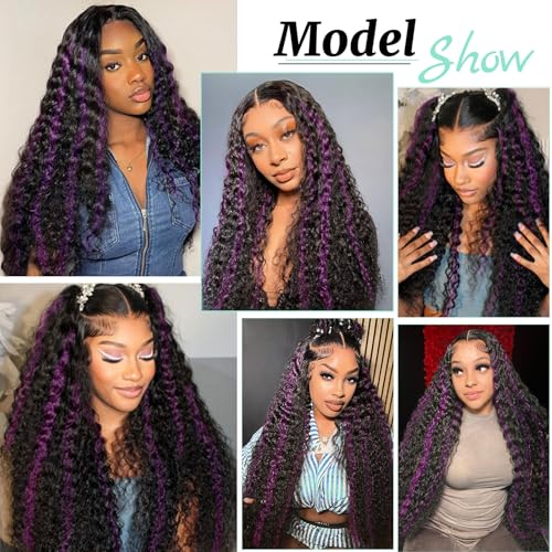 Black Mix Purple Water Wave Bundles Human Hair 12 14 16 Inch 12A Highlight Purple Ombre Wet and Wavy Human Hair Bundles 100% Unprocessed Brazilian Virgin 3 Bundles Human Hair Extensions for Women