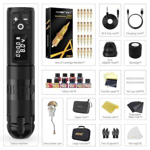 Ambition Soldier Tattoo Machine Kit Complete Rotary Wireless Tattoo Pen Gun Kit with 20pcs Glory Tattoo Cartridge Needles Practice Skin Supplies for Beginners & Professional Artists, Black