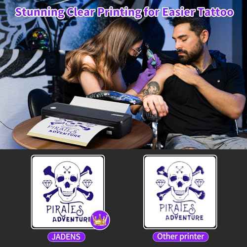 JADENS Tattoo Stencil Printer with 40pcs Transfer Paper, Bluetooth Thermal Tattoo Printer Machine with 2600mAh Battery, Compatible with Android & iOS, PC for Tattoo Artists & Beginners