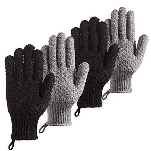 Bath Exfoliating Gloves - 4 Pcs Lengthened and Large Scrubbing Gloves for Shower, Spa, Massage - Scrub Mitts for Body, Face, Hand and Foot (Black and Gray)