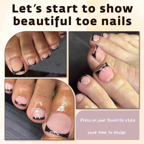 Black French Tip Press on Toenails, 120Pcs French Toe Nails Press on with Glue, Glossy Short Square Nude Fake Toenails Full Cover Acrylic Artificial Toenail for Women Girls