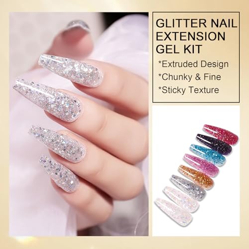 4 Pcs Glitter Nail Extension Gel Kit, Reflective Nail Polish Gel Acrylic Nail, Silver, Gold and Clear Colorful Glitter Gel Nail Extensions, Sparkle Gel Nail Extensions Kit UV/LED Needed for Home Salon