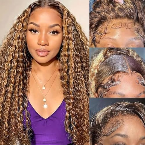 13x6 Highlight Ombre Lace Front Wig Human Hair HD Glueless Deep Wave Wig Honey Blonde 4/27 Pre Plucked Wet and Wavy Curly Wig for Women Long Natural Soft Human Hair Wigs18 Inch
