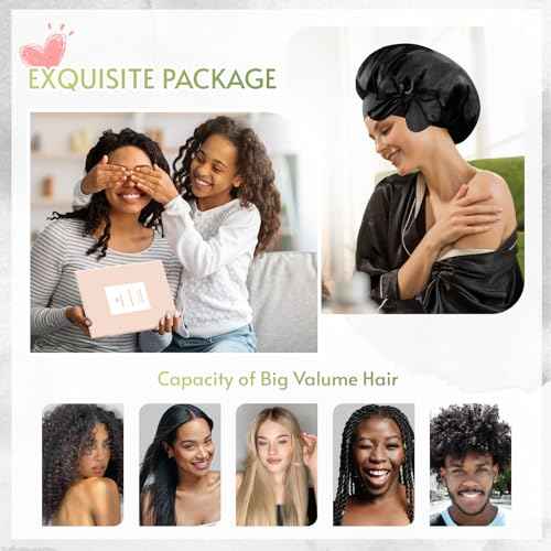 BONNET QUEEN Silk Bonnet for Sleeping Satin Bonnet with Tie Hair Wrap Double Layer Sleep Cap for Women Curly Hair, Black Silver