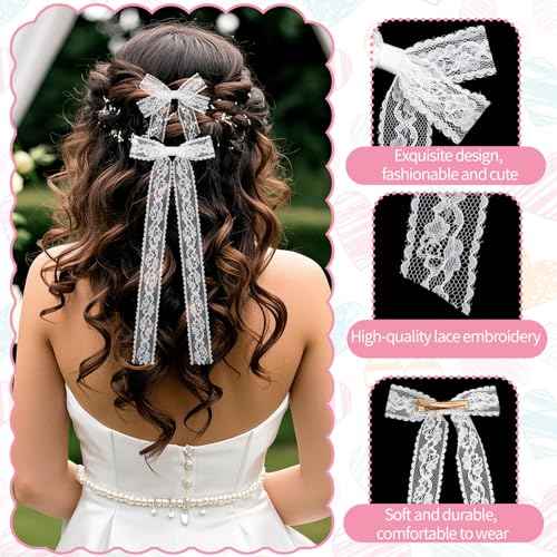 6 PCS White Lace Hair Bows with Long Tail Ribbons Metal Hair Clip with Long Tail Ribbon Bow Barrettes Alligator Hairpins Bride Wedding Gift Birthday for Women