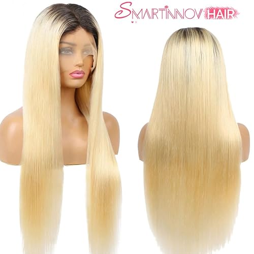 Ombre Blonde Human Hair Wig 13x4 HD Transparent Lace Front 150% Density with Dark Roots #1B613 for Women 18 Inch Pre Plucked Undetectable Melted Lace Frontal Wigs Ombre Blonde Bleached Knots Wigs