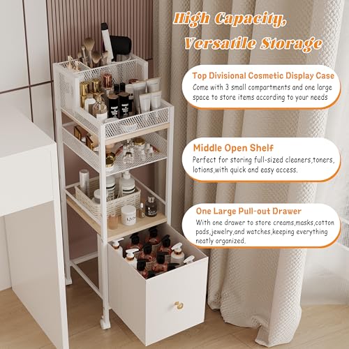Floor Makeup Organizer Cart, Narrow Floor Skincare Organizers and Storage with Drawers, Bathroom Vanity Organizer Cosmetics Display Cases Holder for Skin Care Nail Polish Perfume Makeup Brush (White)