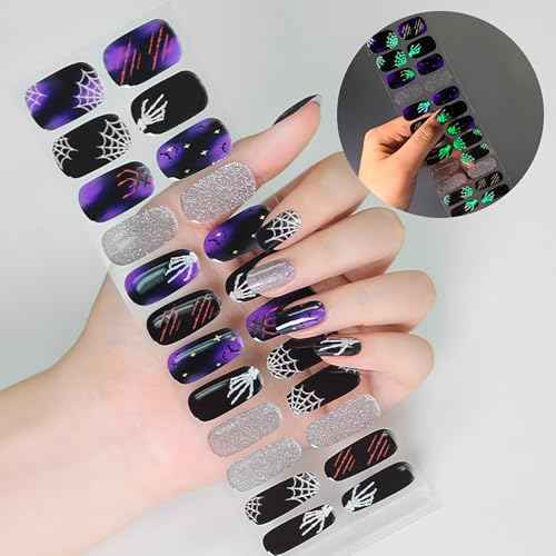 DANNEASY 24 Pieces Halloween Semi Cured Gel Nail Strips Glow in The Dark Gel Nail Stickers Full Nail Wraps Spider Web Bat Skeleton Manicure Design with Nail File, Cuticle Stick, Prep Pads