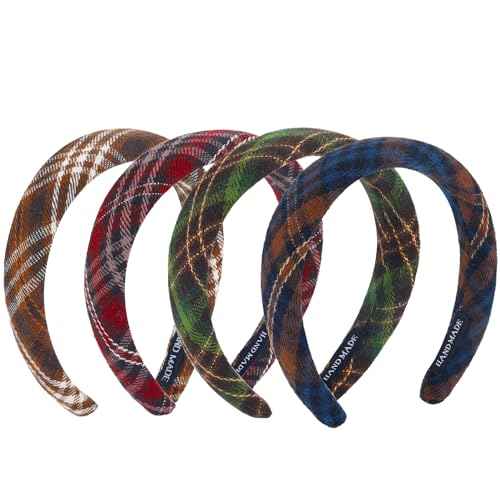 4Pcs Padded Headbands for Women Girls Cute Thick Plaid Hairbands Adult Set Green Navy Blue Brown Red Skincare Hair Hoop Wide Non Slip Soft Headwear Cloth Bulk Fashion Accessories Makeup Christmas Gift