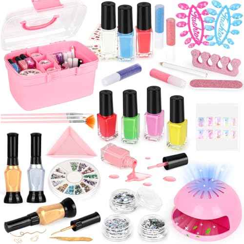 Kids Nail Polish Set for Girls, Nail Art Kit with Nail Dryer & Storage Case, Non-Toxic Peel-Off Quick Dry Nail Polish for Kids, Birthday Christmas Gift for Kids Ages 6-12