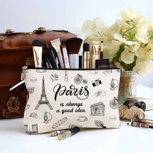 Paris Travel Gift Cosmetic Bag, Paris Lover Gifts Makeup Bag, Paris City Skyline Paris Is Always A Good Idea Zipper Pouch, Gifts for Women Birthday Christmas