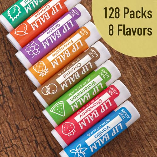 128 Pack Lip Balm, Natural Lip Balm Bulk with Vitamin E and Coconut Oil, Moisturizing Lip Balms for Dry Cracked Lips, Lip Balms for Stocking Stuffers - 8 Flavors