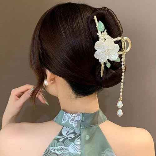 1 Pack Flower Hair Claw Clips for Women, Camellia Flower Leaf Hair Clips with Small Pearl Butterfly Tassel Design Metal Gold Strong Hold Hair Jaw Clips Grip Clip for Thick or Thin Hair Accessories