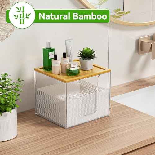 VITVITI Disposable Face Towel Holder Box, Acrylic Facial Towel Container for XL Clean Skin Club, Large Disposable Face Towels Storage with Bamboo Lid, for Bathroom, Vanity Makeup, Clear