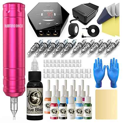 Tattoo Kit, Wormhole Tattoo Machine Kit Tattoo Gun Kit Cartridge Needles Tattoo Practice Pen Kit for Beginners Rotary Tattoo Machine Pen Kit Tattoo Supplies WTK104
