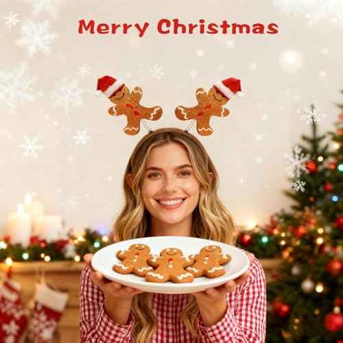 2 Pieces Gingerbread Headbands with Glitter Surface and 3D Santa Hat Cute Brown Gingerbread Hair Hoop Headpiece for Xmas Festival Party Holiday Themed Events