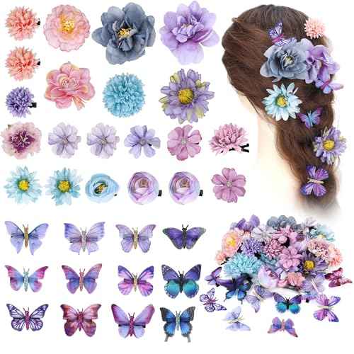 33 Pieces Flower Clip with Butterfly Clip Set Handmade Rose Hair pins Bride Hair Claw Clips Colorful Butterfly Barrettes for Women Girls(Blue Purple)
