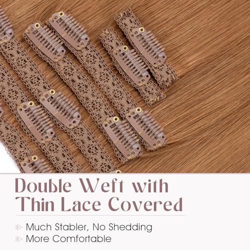 Elailite Clip in Hair Extensions Real Human Hair, Remy Hairpieces for Women, 7PCS Lace Weft Full Head, 16 Inch 110g Light Auburn