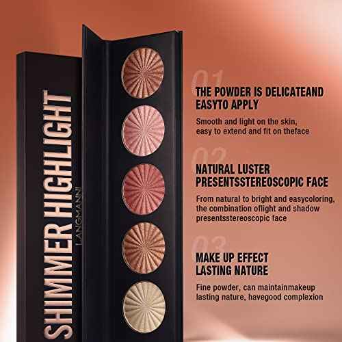 Highlighter Powder Palette, Makeup Palette Facial Bronzers Illuminator Palette Highlighter Baked Waterproof Long Lasting Brilliant Lighten Skin Color (5 Color, 1 Count (Pack of 1))