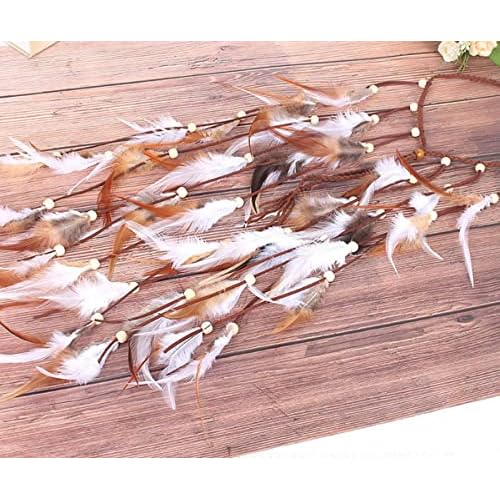 Jumwrit Bohemian Feather Headband Indian Gypsy Headpiece with White and Brown Feather Tassel Adjustable Braided Rope Beaded Hairband Hippie Accessories for Women and Girls