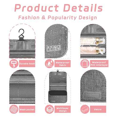 Toiletry Bag Travel Bag with Hanging Hook, Waterproof Shower Bathroom Hanging Toiletry Bag for Men Women,Small Multifunctional Makeup Cosmetic Bag,Portable Toiletries Bag Travel Organizer (Grey)