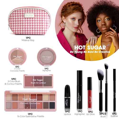 Hot Sugar All in One Makeup Kit, Makeup Set for Women, Girls Makeup Kit for Teens with Eyeshadow, Blush, Contour, Highlighter, Concealer, Lipstick, Lip Gloss, Eyeliner and Brush (Pink)