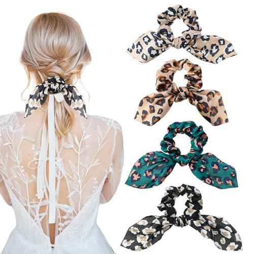 4 Pcs Leopard Hair Scarf Scrunchies Bow Scrunchie For Women Hair Ribbon Bow Scrunchies Long Elastic Hair Bands Rope Scrunchy Soft Ponytail Holders for Women Girls