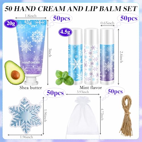 50 Set Winter Snowflake Hand Cream Lip Balm Bulk Set Woman Christmas Gift Include 50 Lip Balm 50 Hand Cream 50 Bag 50 Tag for Winter Christmas Stocking Stuffers
