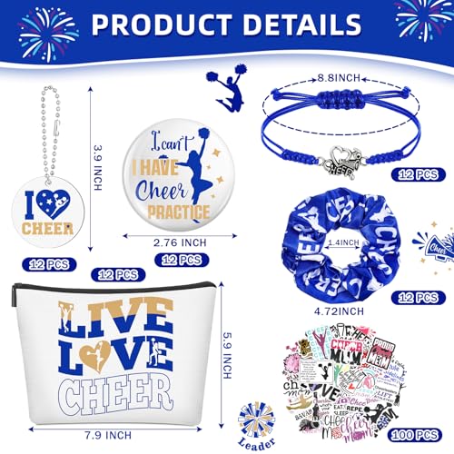 Lyrow 160 Pcs Cheerleader Gifts Bulk for Team Cheer Scrunchies Hair Ties Makeup Bag Cheer Mirror Bracelet Keychain Sticker for Back to School(Blue)