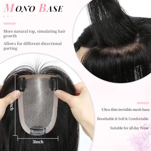 Fine Plus 12Inch Hair Toppers for Women Real Human Hair ? Mono Base 3"x5", Natural Black Virgin Quality, for Thinning Crown & Wide Parting, Lightweight & Breathable, Add Volume Can Be Curled