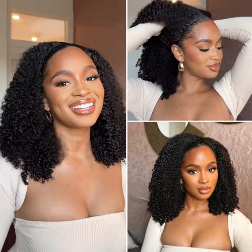 Kinky Curly Half Wig Human Hair 3 in 1 Glueless Wear And Go Human Hair Half Wigs For Women Seamless Flip Over Drawstring Headband Wig 180% Density Beginner Friendly 1B 18inch