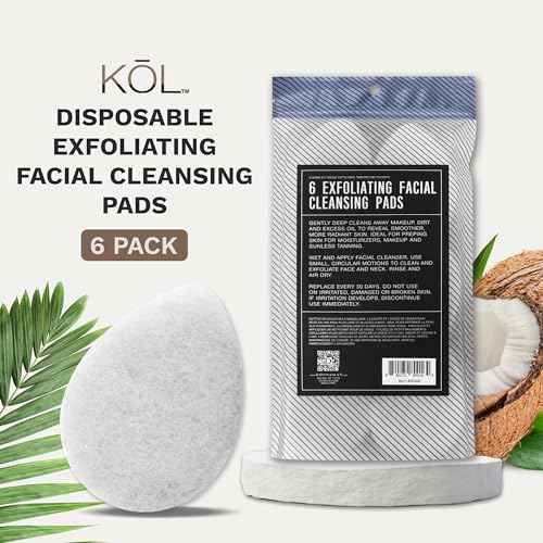 KOL Face Scrubber, Coconut Infused Exfoliating Facial Cleansing Pads, Disposable Exfoliator Face Sponge for Daily Cleaning and Makeup Removal, 6 Count