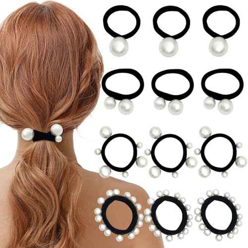 12 Pcs Pearl Elastic Hair Ties Black Ponytail Holders Hair Bands Scrunchies Pearl Hair Ropes Hair Ring Headband Hair Accessories for Women Girls