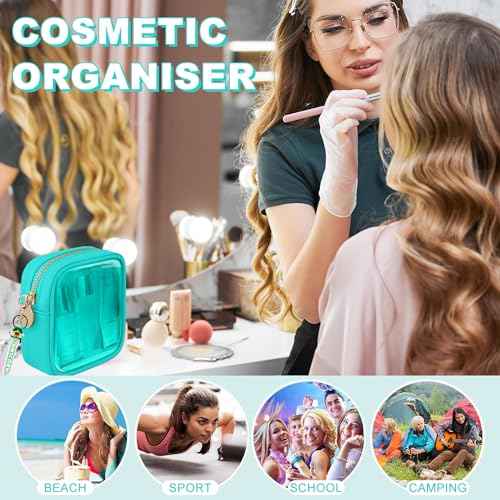 Mini Makeup Bag Pouch for Women And Girls, Clear PVC & Nylon Bag with Zipper, Waterproof Preppy Toiletry Bag Cute (Green)