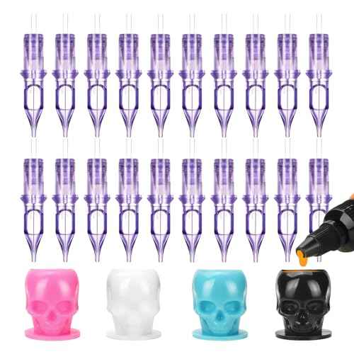 ATOMUS 20pcs Tattoo Cartridge Needles 1203RL Purple Tattoo Needles for Tattoo Gun Pen Liner Pattern with Disposable Skull Ink Cups for Pen Rotary Machine Tattoo Supplies (3RL)