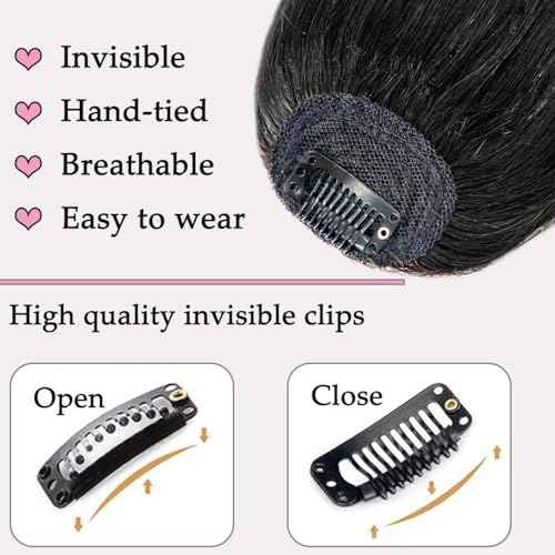 ORIGEN Clip in Bangs Real Human Hair Clip on Wispy Bangs Fringe with Temples Hairpieces Fake Front Bangs Extensions for Women Jet Black Color