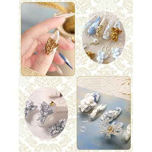 32PCS Nail Art Rhinestone, Lorvain 3D AB Nail Diamonds Relief Style Nail Art Rhinestones Metal Alloy Gold Flower Nail Charms Mix Size Nail Accessories for Women Girls Nail DIY Decoration Design