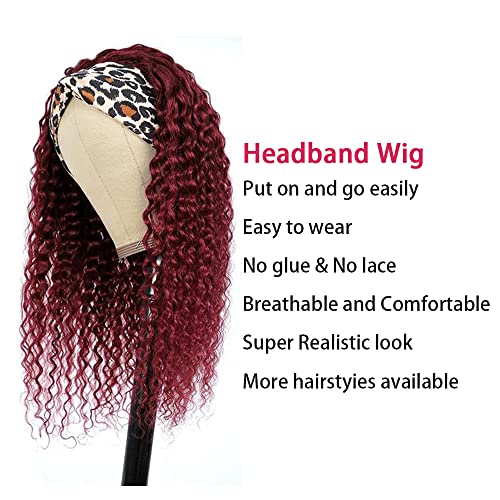 Ombre 1B99J Deep Wave Headband Wig Burgundy Human Hair Headband Wig 130% Density Grade 8A Brazilian Remy Hair Machine Made Wigs Wine Red Color 22 Inch