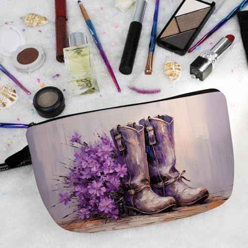 Purple Western Boots Print Makeup Bag Floral Western Cowboy Boots Small Organizer Bag Zipper Pouch Cowboy Style Oil Painting Cosmetic Bag Present for Women Friends