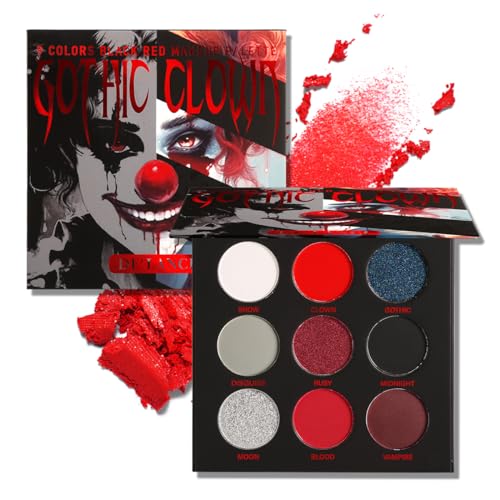 Afflano Black Red Eyeshadow Palette Goth Clown Halloween Makeup, White Silver Glitter Metallic Burgundy Black Eyeshadow Palette Highly Pigmented, Joker Vampire Christmas True Red Smoky Eye Makeup