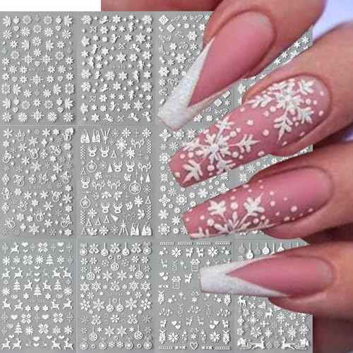 12 Sheets Snowflake Nail Art Stickers, 3D Self-Adhesive Winter Theme Nail Decals, Holographic Snowflake, Elk, Snowman, Christmas Tree etc Pattern Nail Art Design DIY Nail Decoration for Women Girls