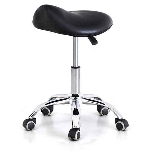 CAISHI Saddle Stool with Wheels, Ergonomic Rolling Height Adjustable Chair for Medical Clinic Dental Tattoo Hair Stylist Salon Facial Nail Artist Spa, Swivel Pu Leather Stool,Black