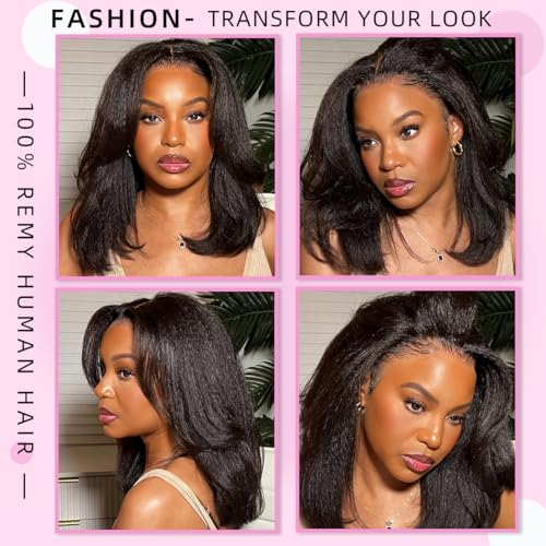 16 Inch Kinky Straight Human Hair Wigs, 13x4, 180% Brazilian Remy Hair, Yaki Lace Front Wig for Women