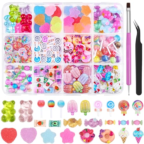 3D Candy Nail Charms, Multi Color Sweet Lollipop Donuts Doughnut Gummy Star Heart Bears Cute Candy Jewelry Nail Charms with Pickup Tools for Nail Art DIY Decorations Design