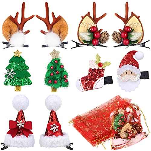 18 Pieces Christmas Hair Clips Christmas Organza Bags Set Hair Accessories Xmas Small Gifts Hairpins Jewelry Candy Gift Mini Drawstring Bags for Women Girls Winter Wedding Party