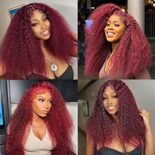99J Burgundy 13x4 Deep Wave Lace Front Wigs Human Hair HD Transparent Lace Frontal Wig Human Hair Pre Plucked 99j Burgundy Deep Curly Wigs Human Hair For Women 180% Density 20 Inch