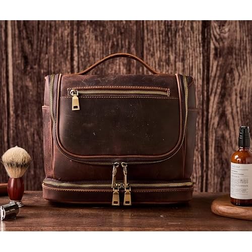 EURYNOME Travel Toiletry Bag For Men, Genuine Leather Shaving Dopp Kit Bottom Storage Holds More (11x8.6x4.7)-Mens Toiletry Bag -Leather Makeup Cosmetic Organizer Kit - Men Travel Toiletries Bag