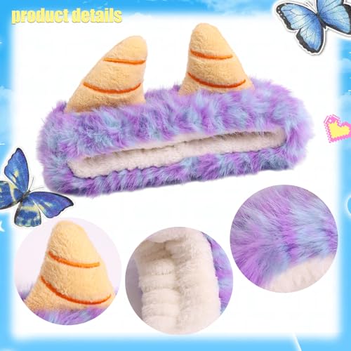 Face Wash Headband,Shaggy Monsters Headband with Horn Makeup Elastic Hairband Skincare Headbands for Women Cartoon Hair Accessories (Blue and Purple, Normal)