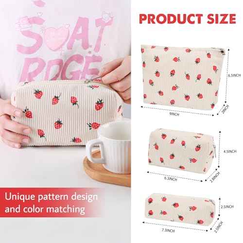 3 Pcs Makeup Bag Cosmetic Bag Set for Girls Women Travel Organizer Bathroom Toiletry Pouch Large Capacity Storage Bag (Strawberry Beige)